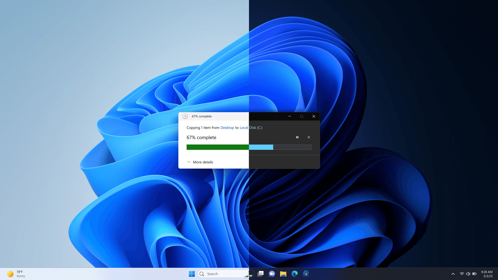 Windows 11 desktop with the copy progress dialog shown in dark mode