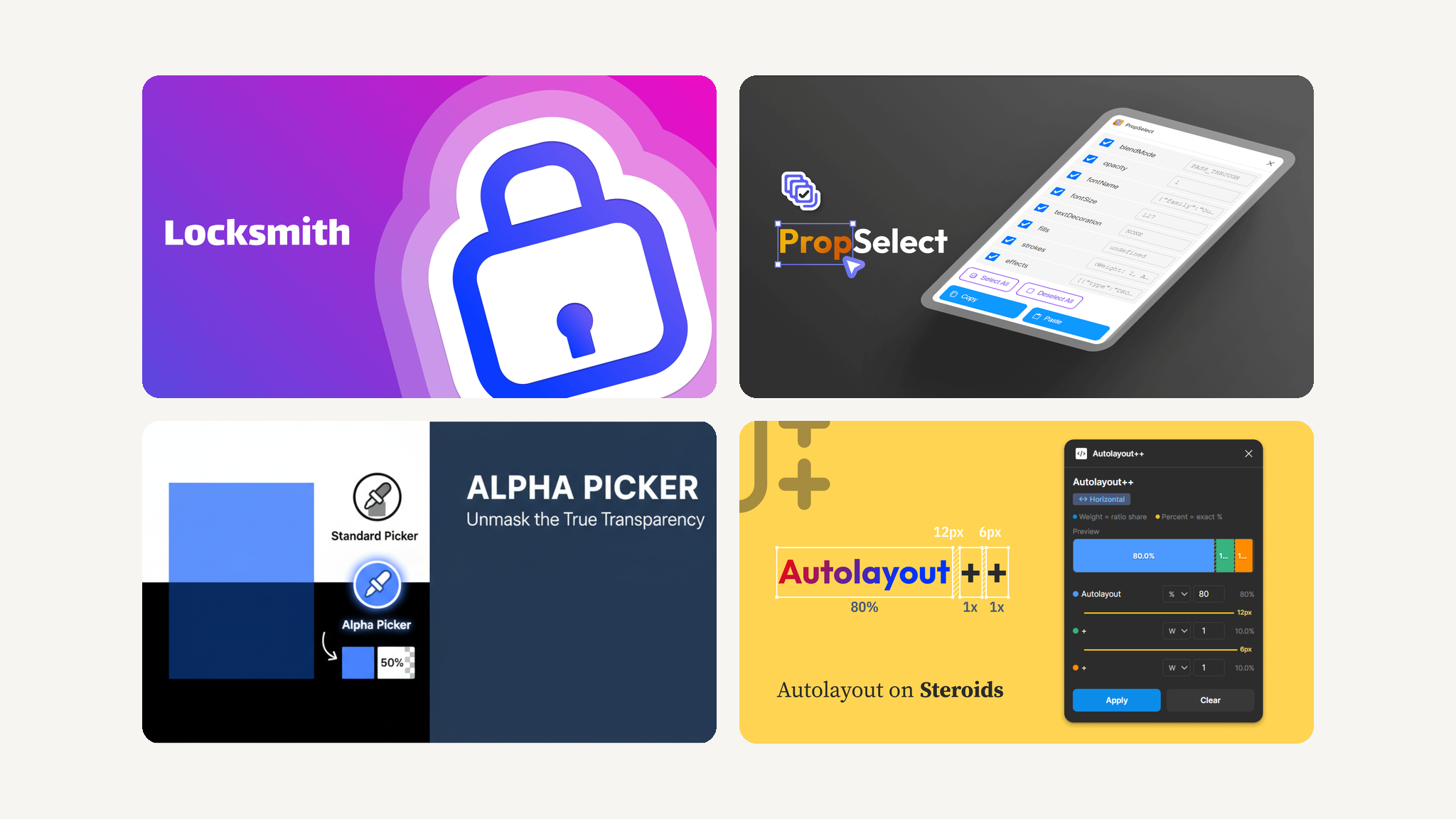 Covers of four Figma plugins: Locksmith, PropSelect, Alpha Picker and Autolayout++