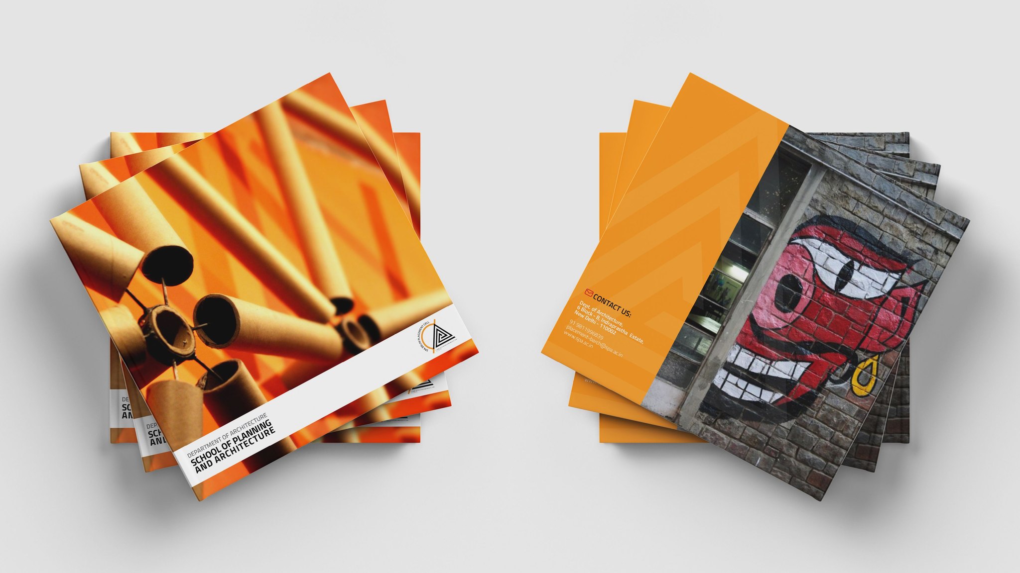 Placement brochure front and back covers, with orange cardboard tubes and a red mural