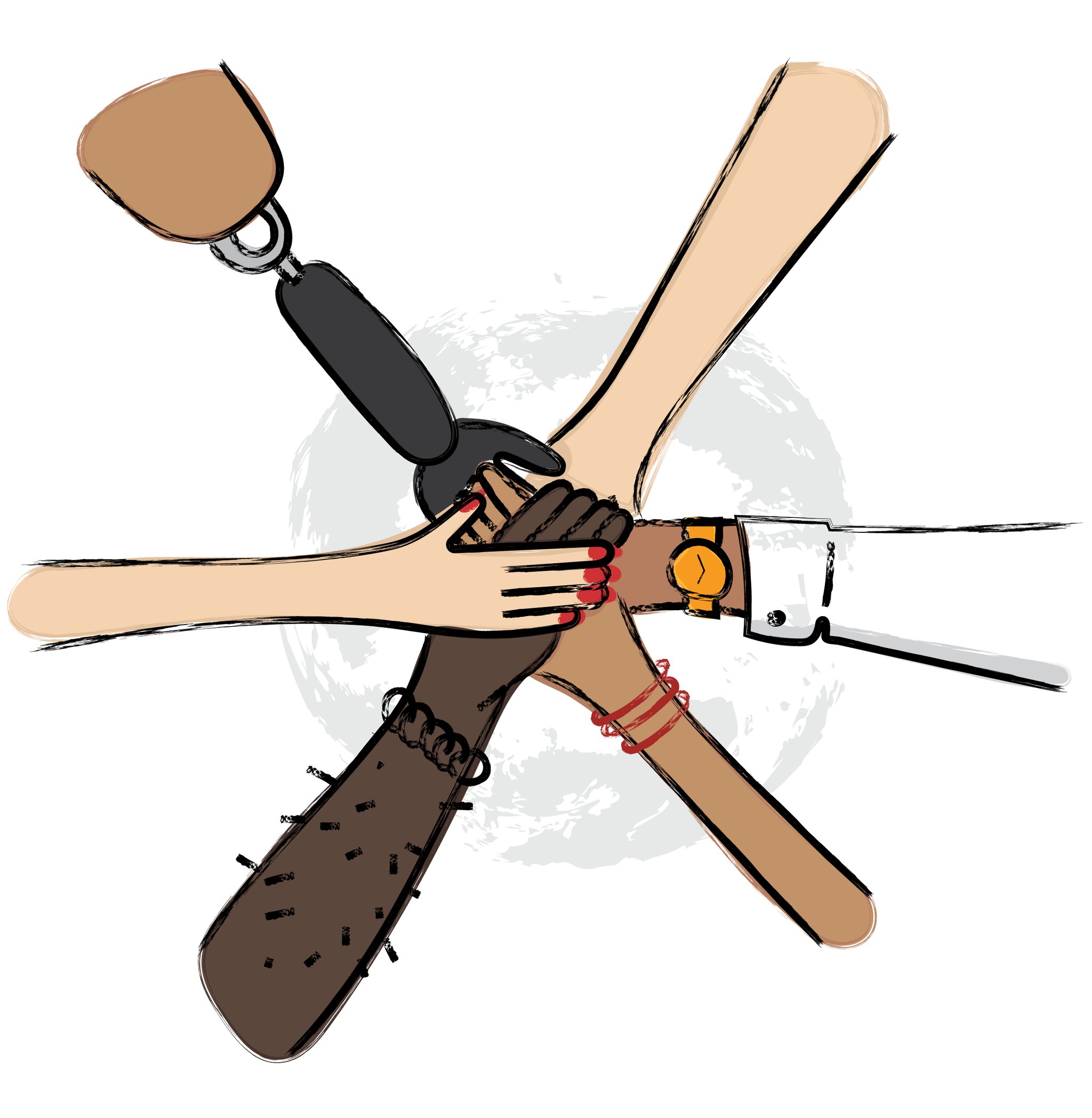 Hands of different skin tones and a prosthetic arm meeting in the centre