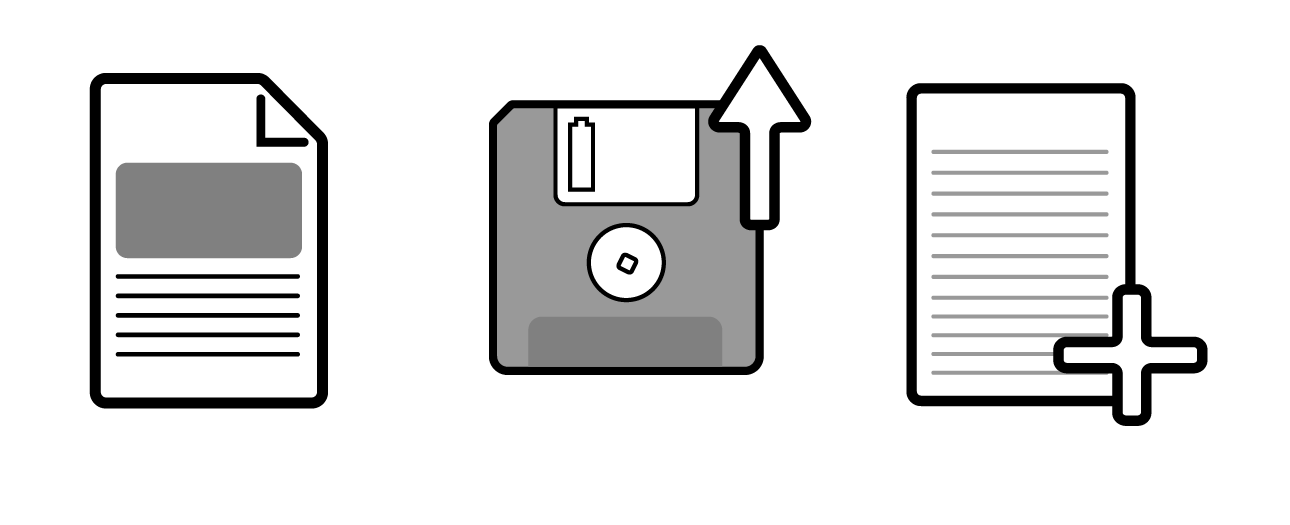 Early icon set: document, save and add-page icons in line and grey fill