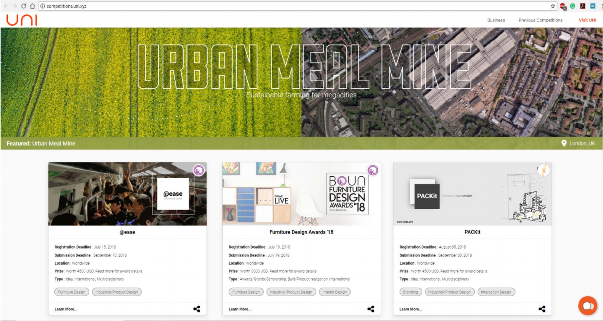 Competitions portal in July 2018, with a large featured banner above detailed competition cards