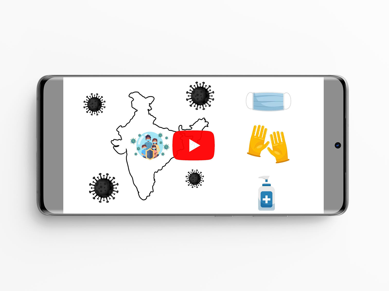 Phone playing a Covid-19 video with a map of India, virus icons, a mask and sanitiser