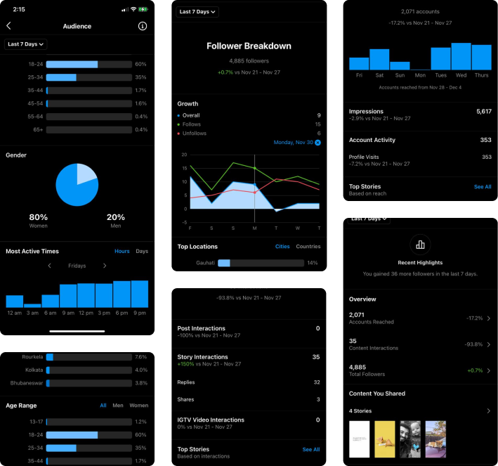 Instagram Insights screens studied for reference: audience, followers and content