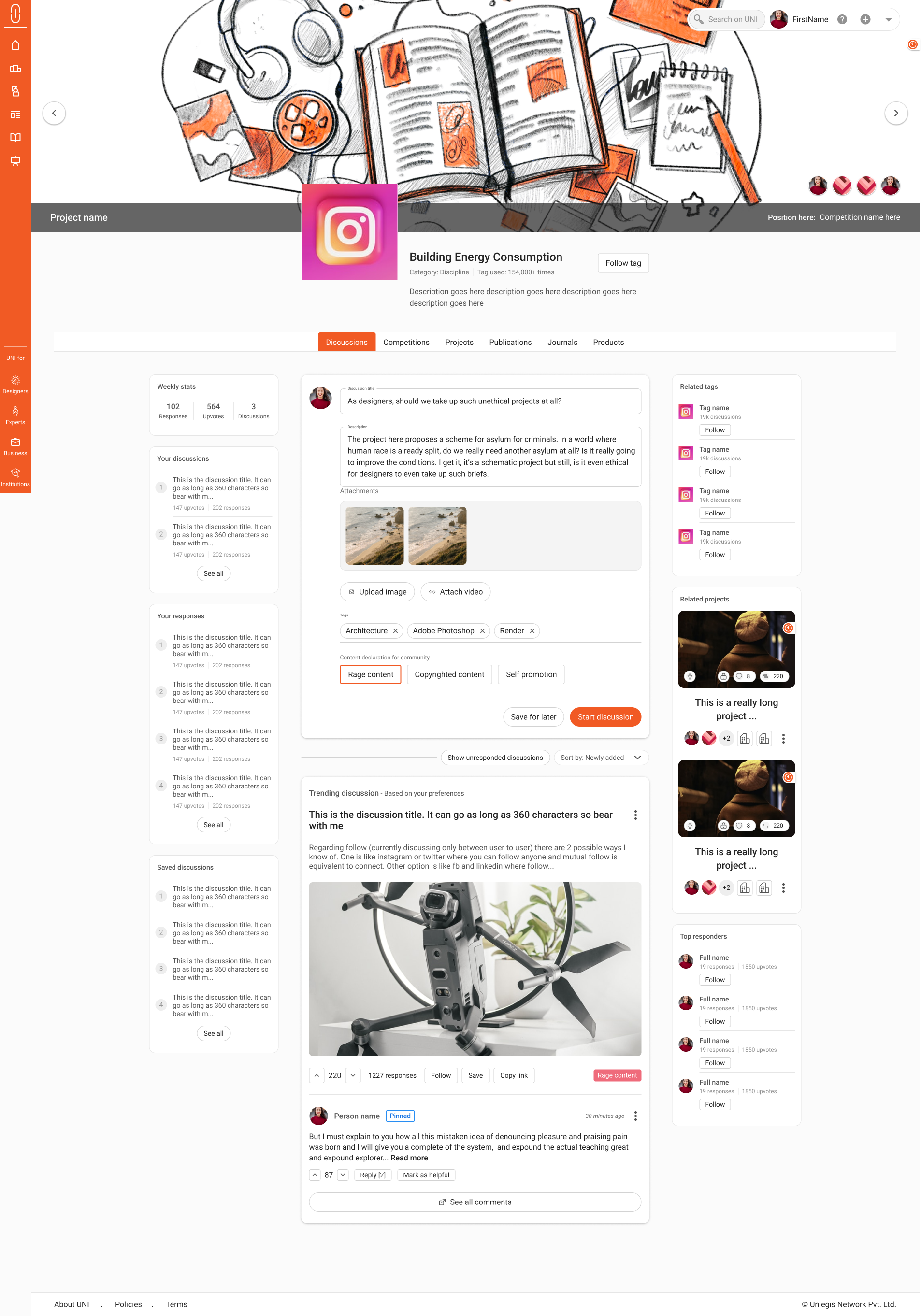Discussion forum home with a topic header, threads and suggested discussions