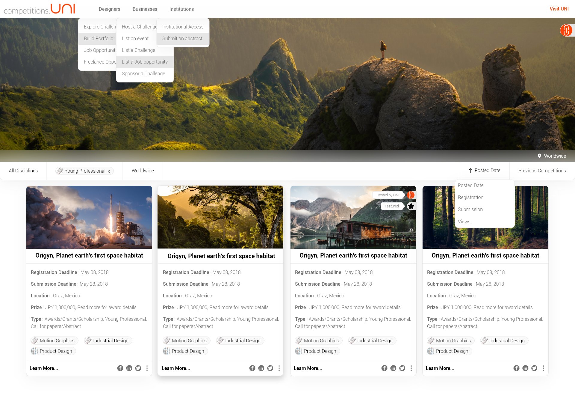 Competitions portal in June 2019, with a navigation menu open over a landscape banner and dense cards