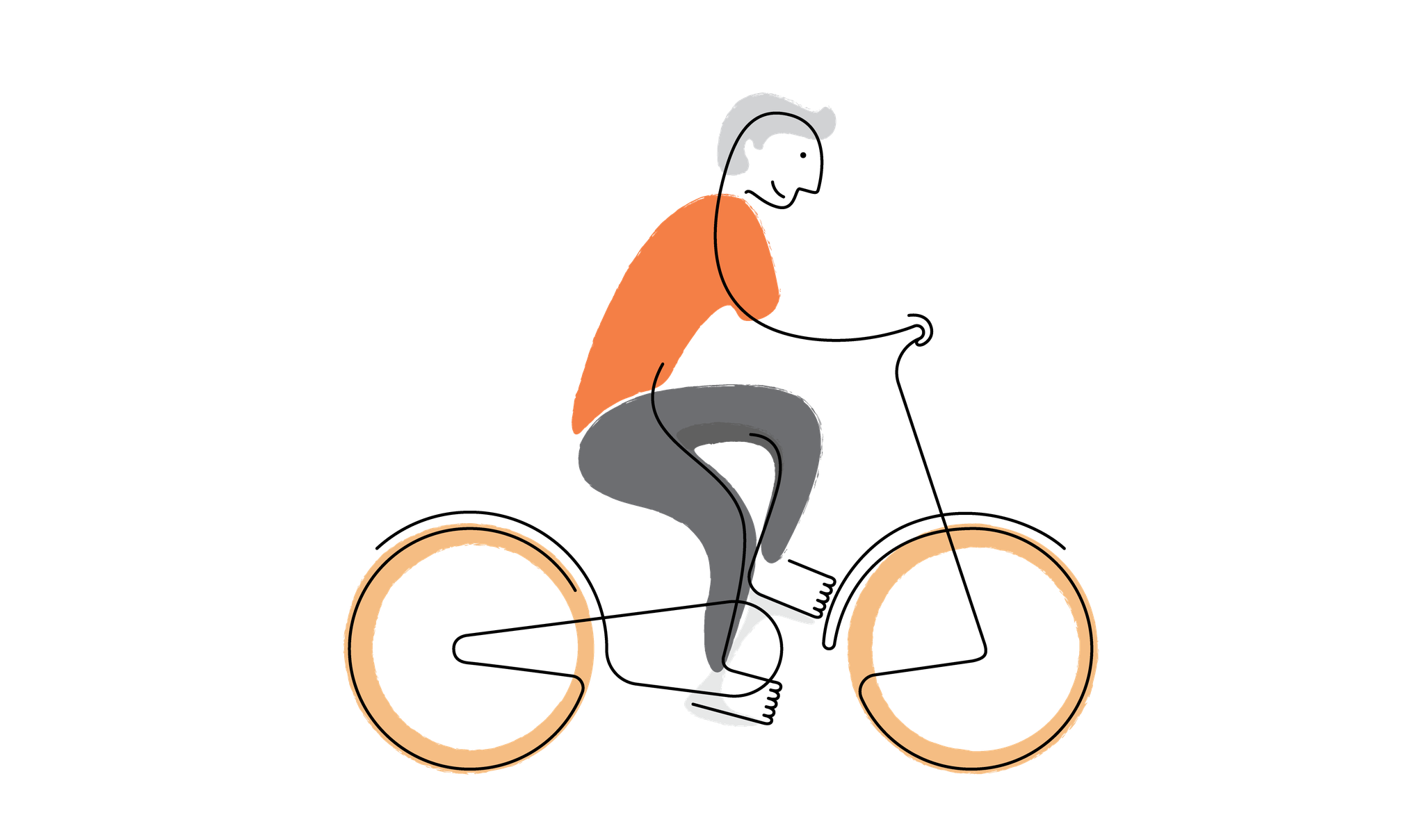 Earlier style: a cyclist drawn with orange shirt, grey trousers and no outline