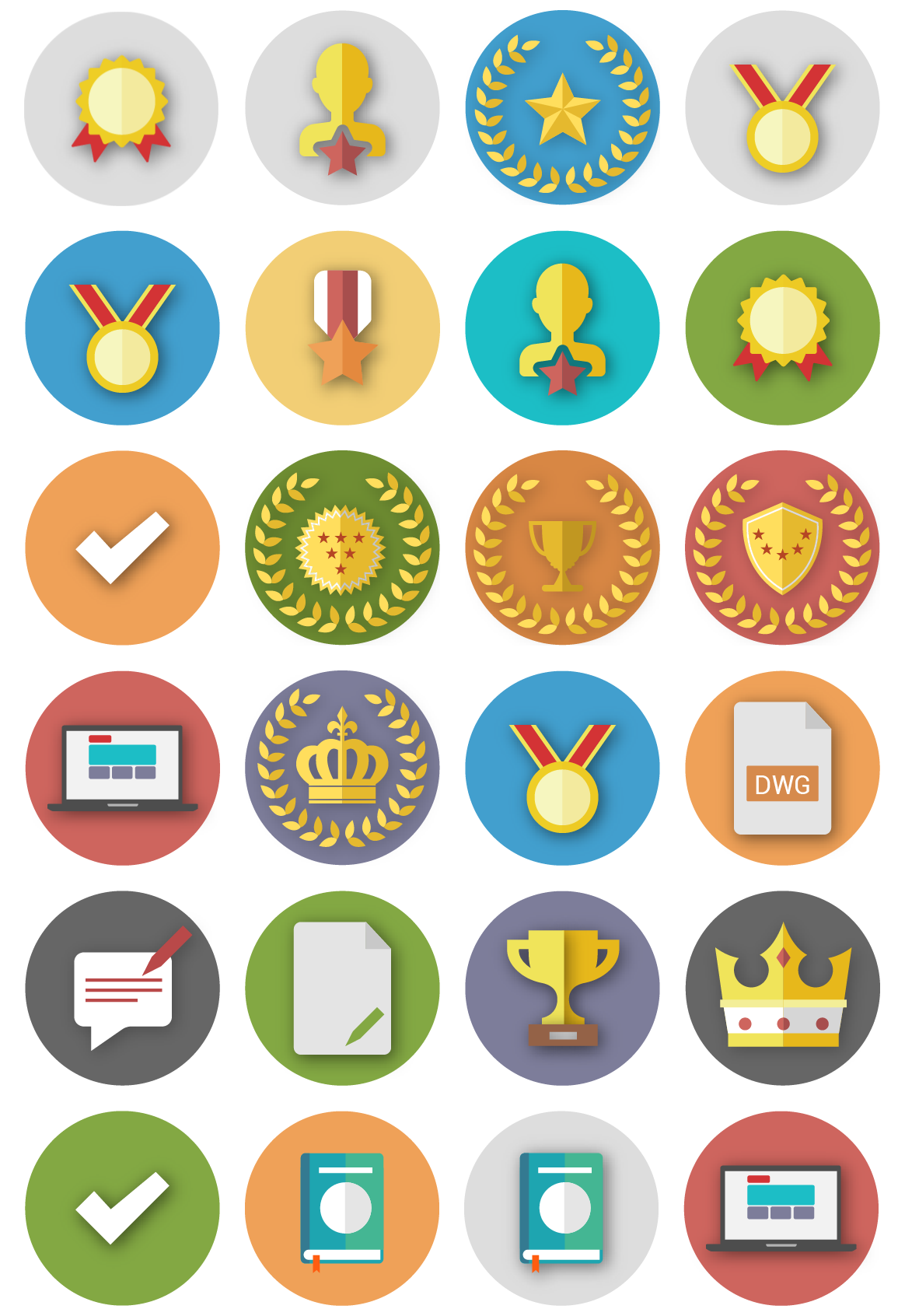 Early multicolour icons with shadows and gradients: medals, trophies and crowns