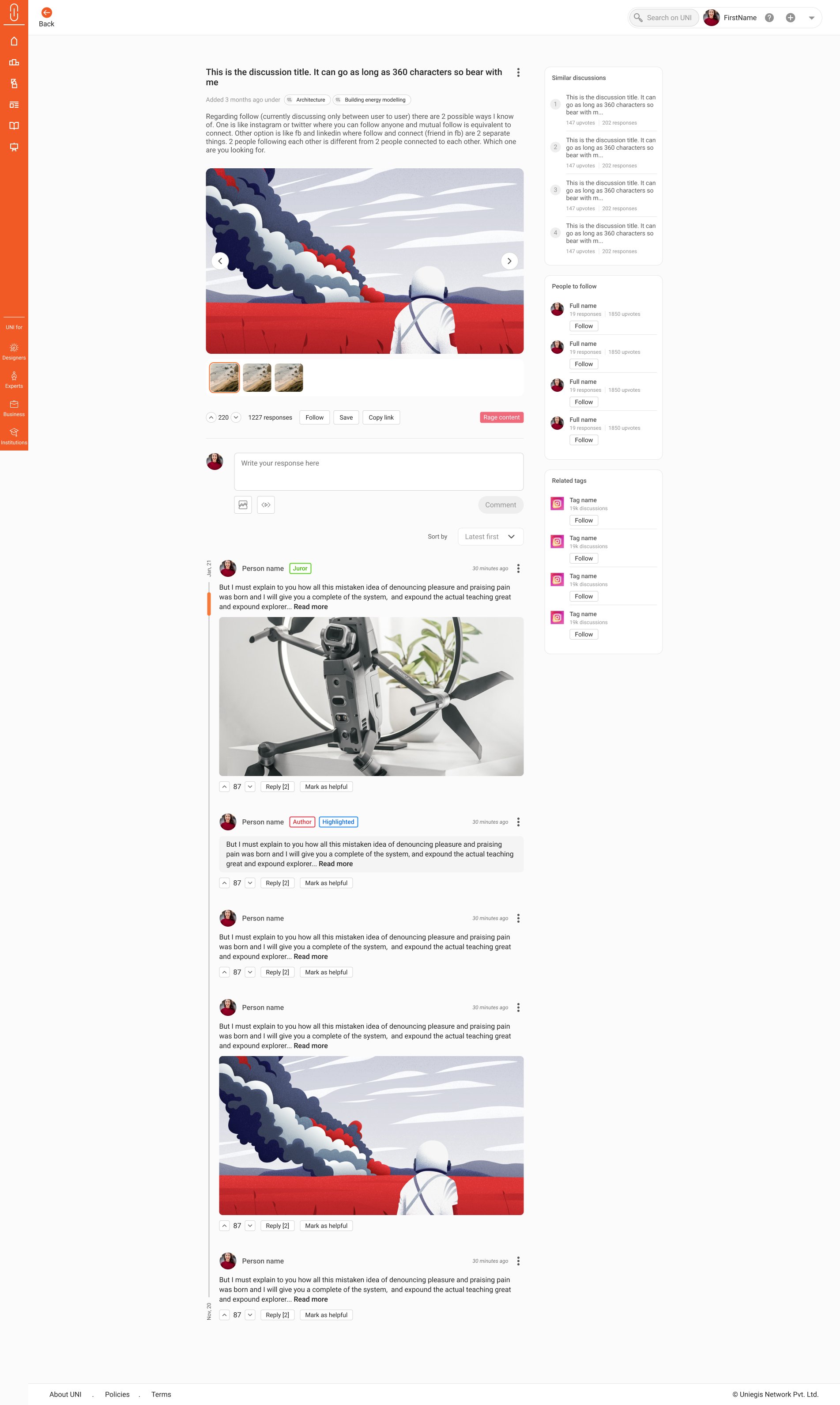 Discussion page with an image post followed by threaded responses