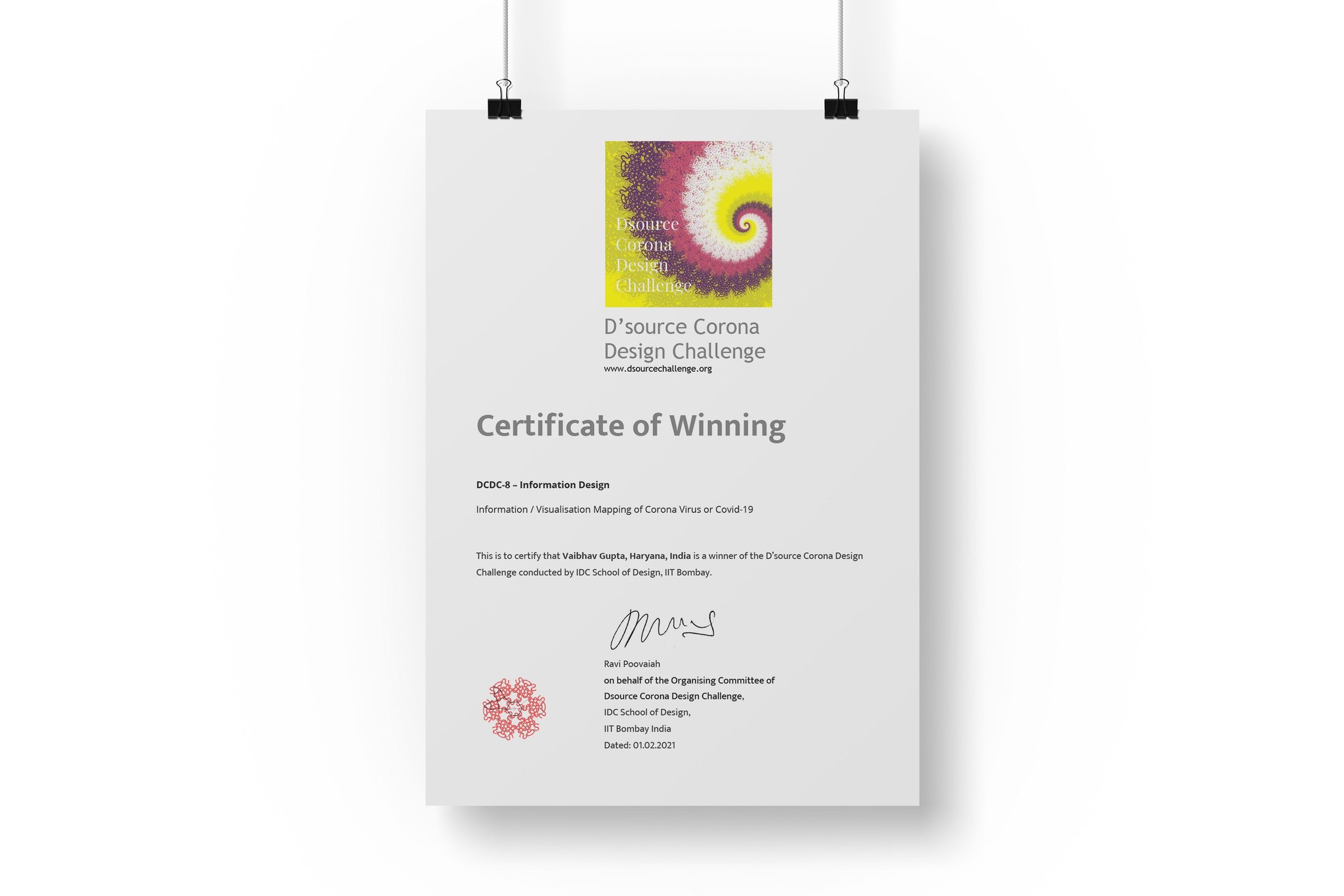 D'source Corona Design Challenge certificate of winning, information design category