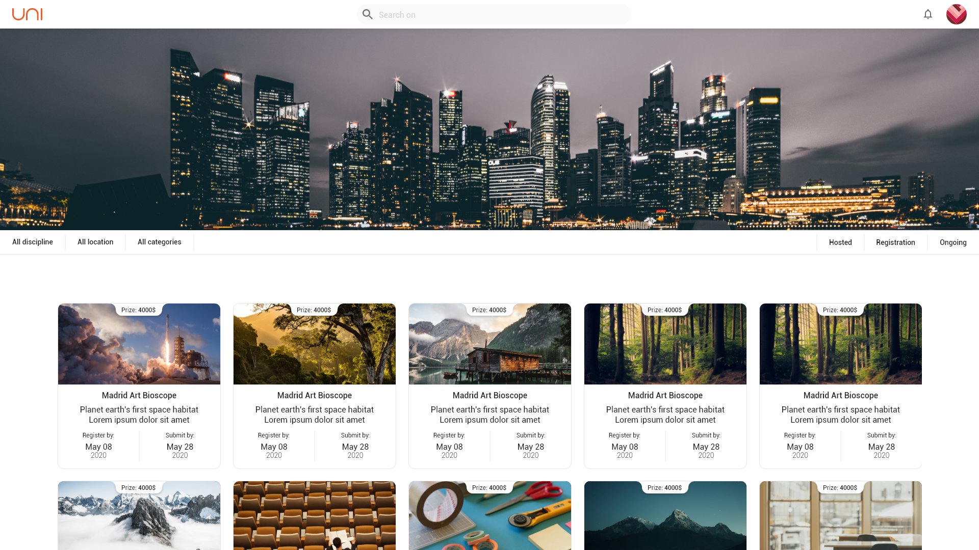 Redesigned catalogue with a city skyline banner, filters and a grid of simplified competition cards