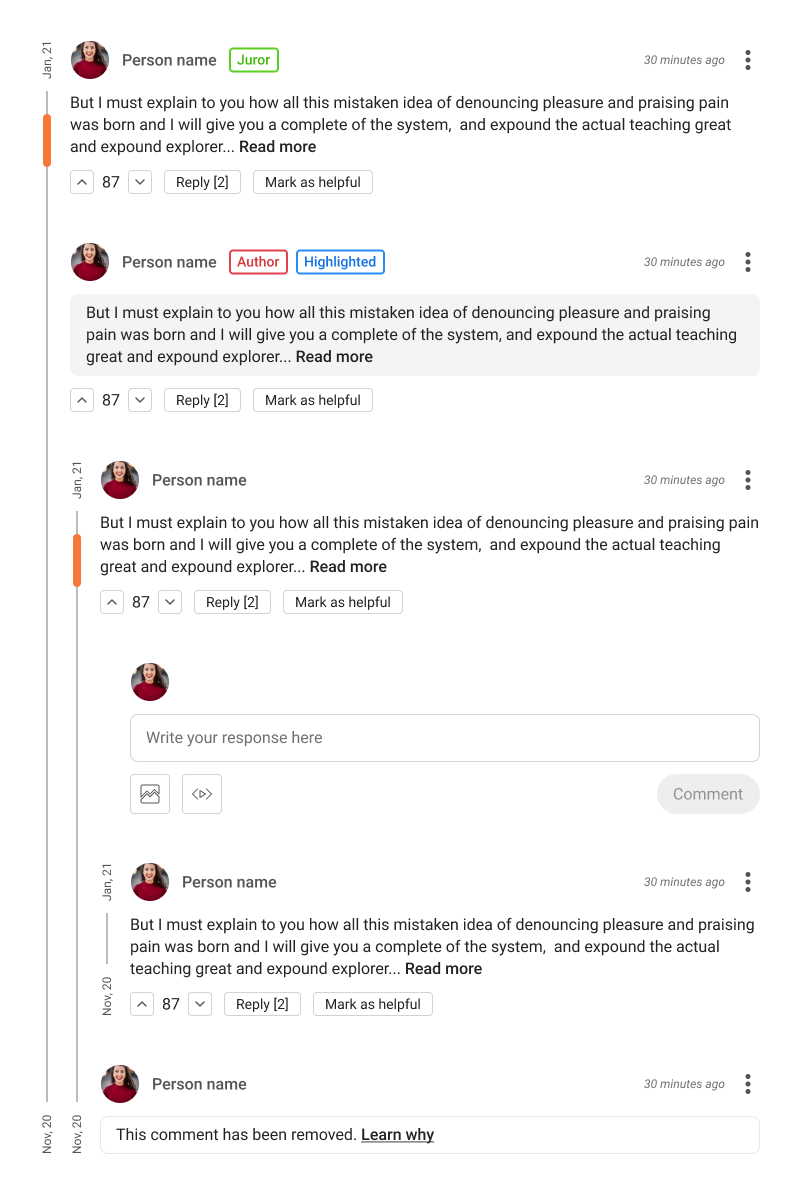 Threaded responses with a vertical scrollbar marking the thread for quick navigation