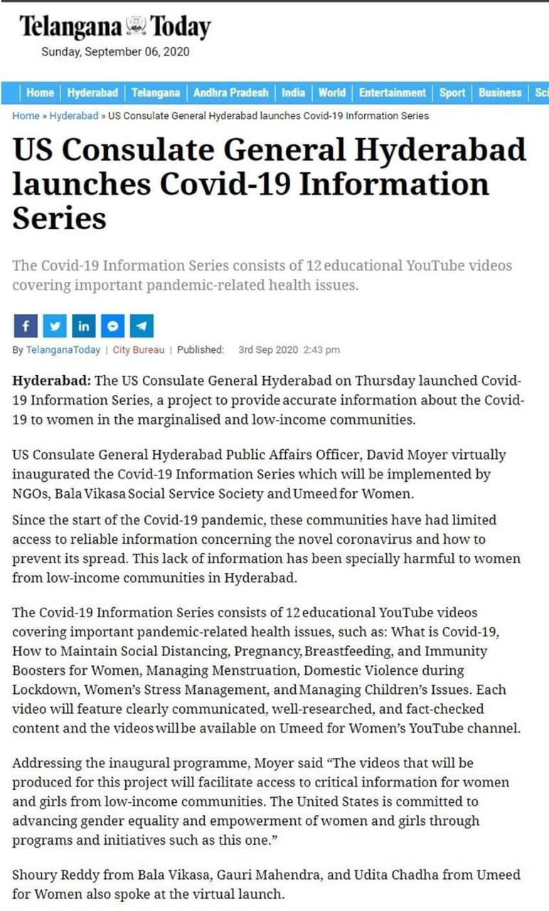 Telangana Today article: US Consulate General Hyderabad launches Covid-19 Information Series
