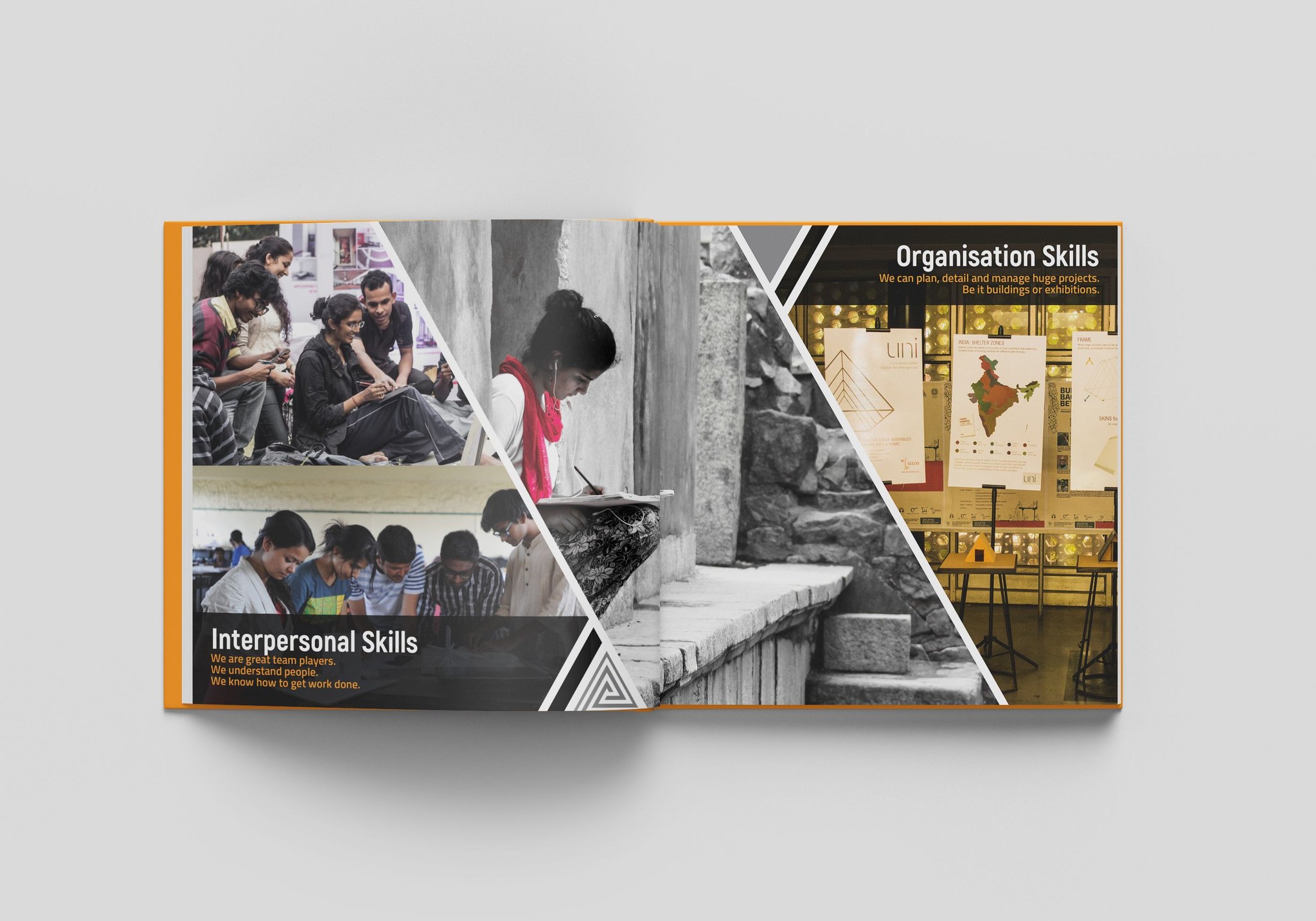 Spread: interpersonal and organisation skills, with photos of students at work