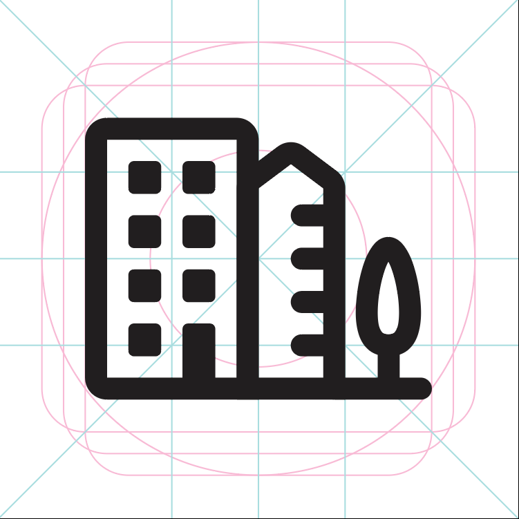 Buildings icon drawn on a keyline grid
