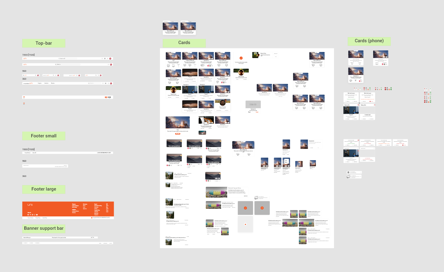 Adobe XD file of top bars, cards and footers laid out on one canvas
