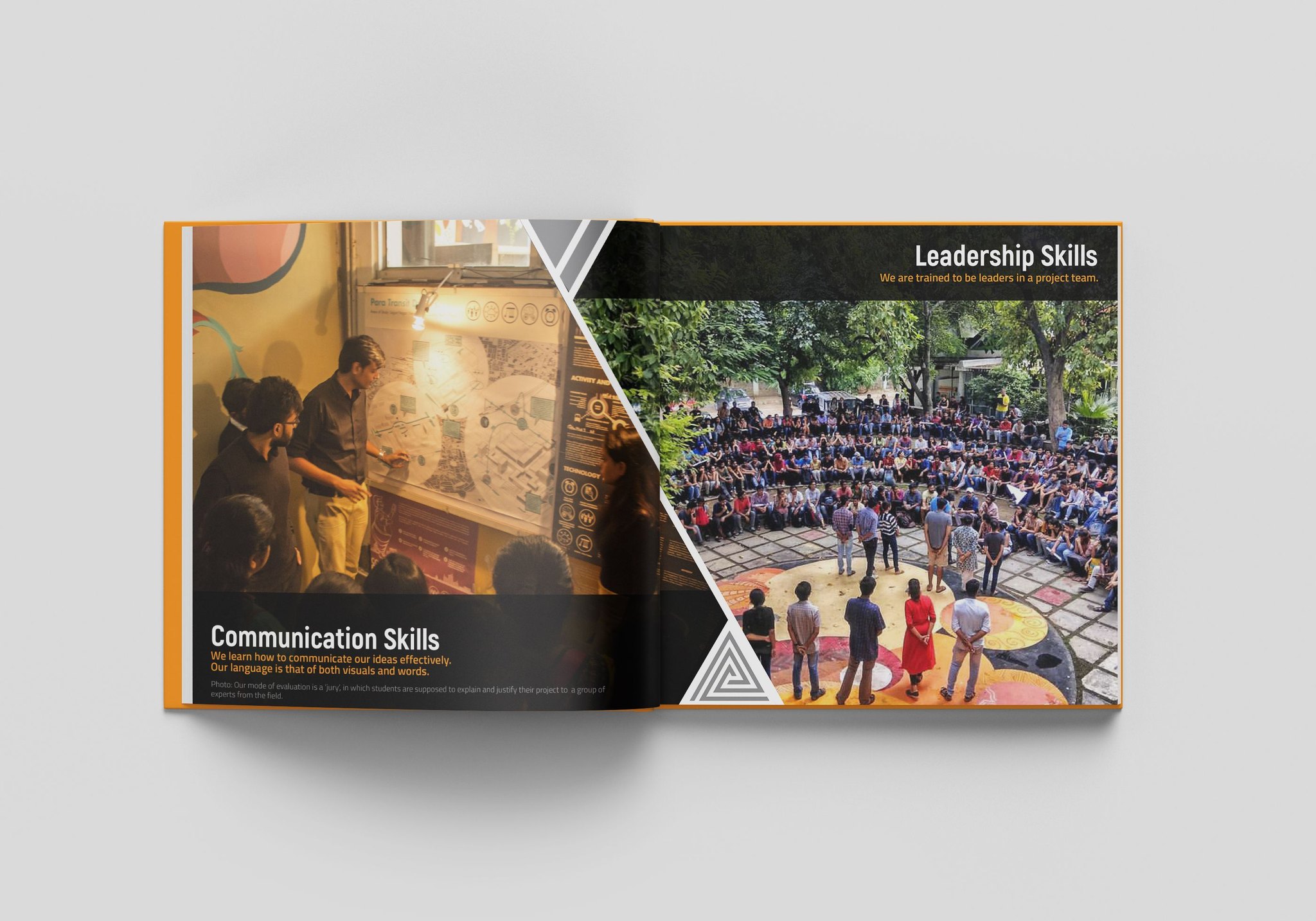 Spread: communication and leadership skills, with photos of students and an assembly