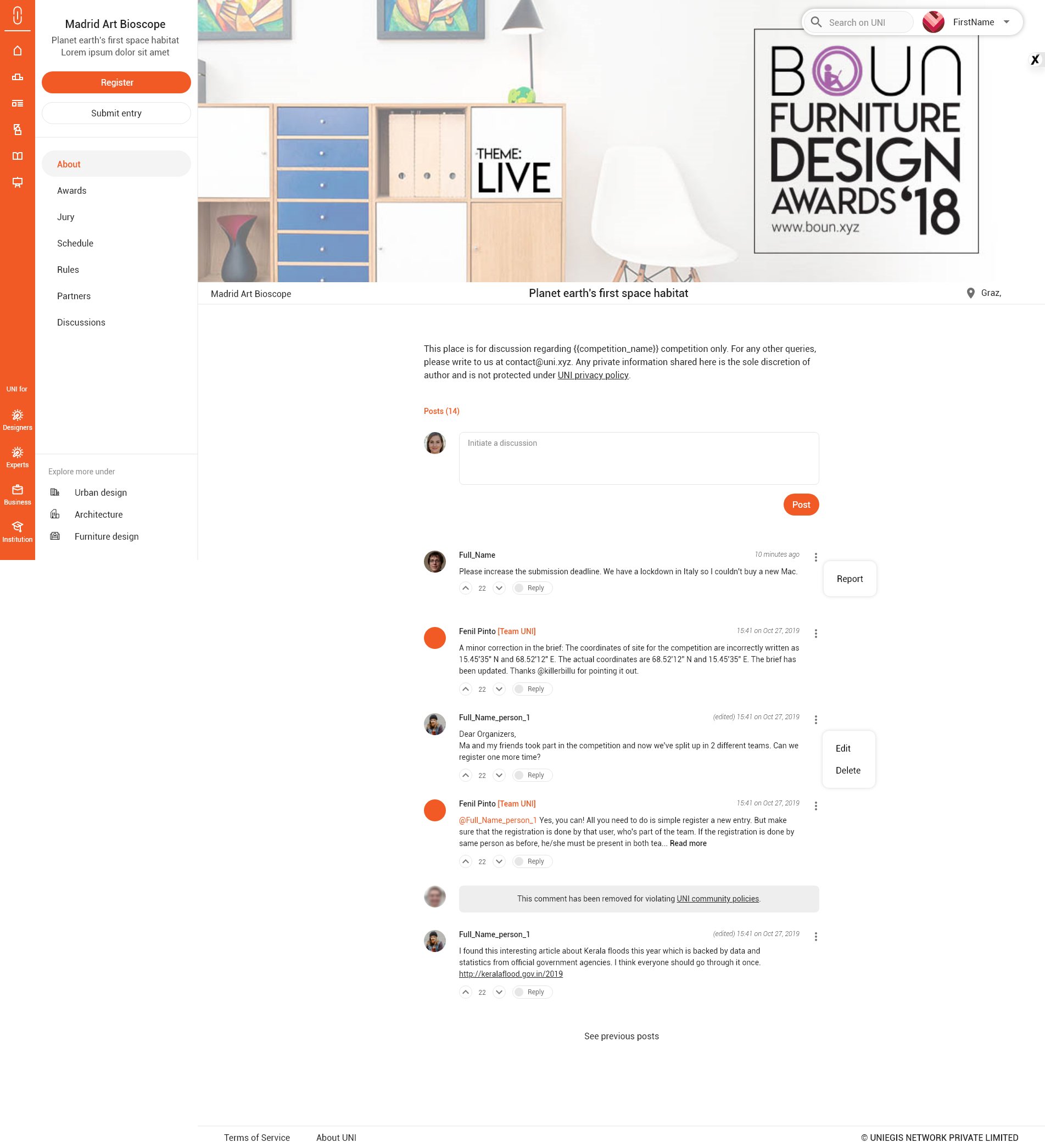 Earlier competition detail page with a side menu and a long discussion thread