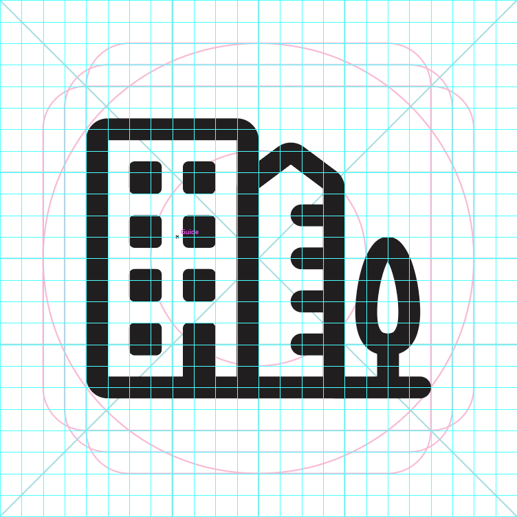 Buildings icon on a pixel grid with keylines
