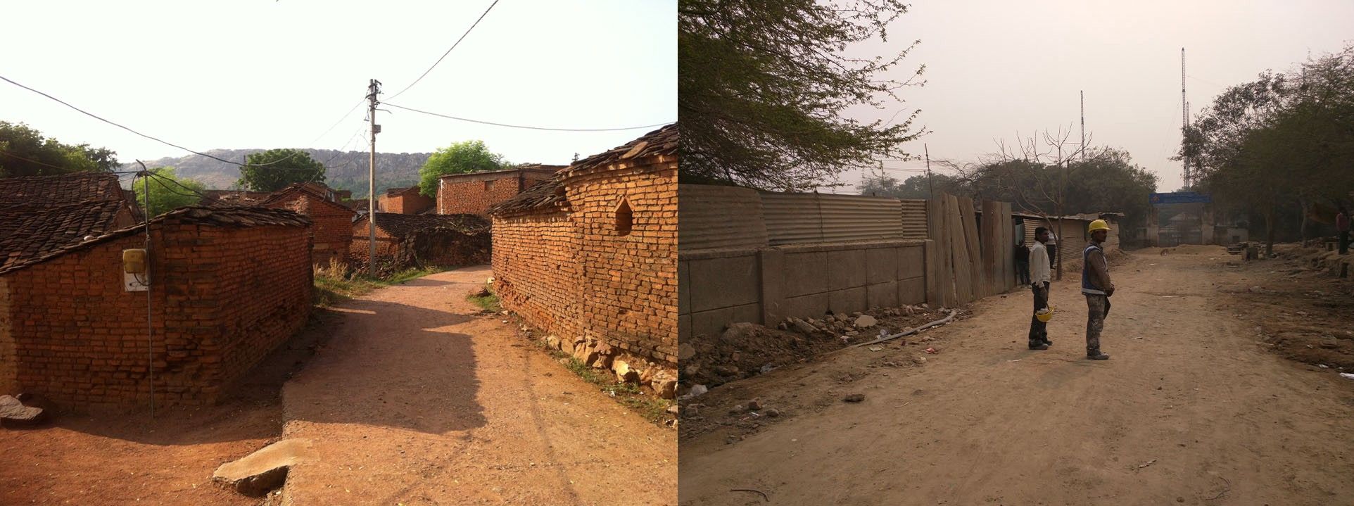 Two village lanes lined with brick and mud houses