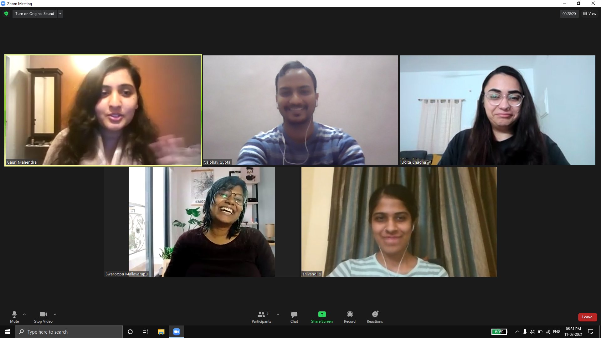 Video call with five members of the team