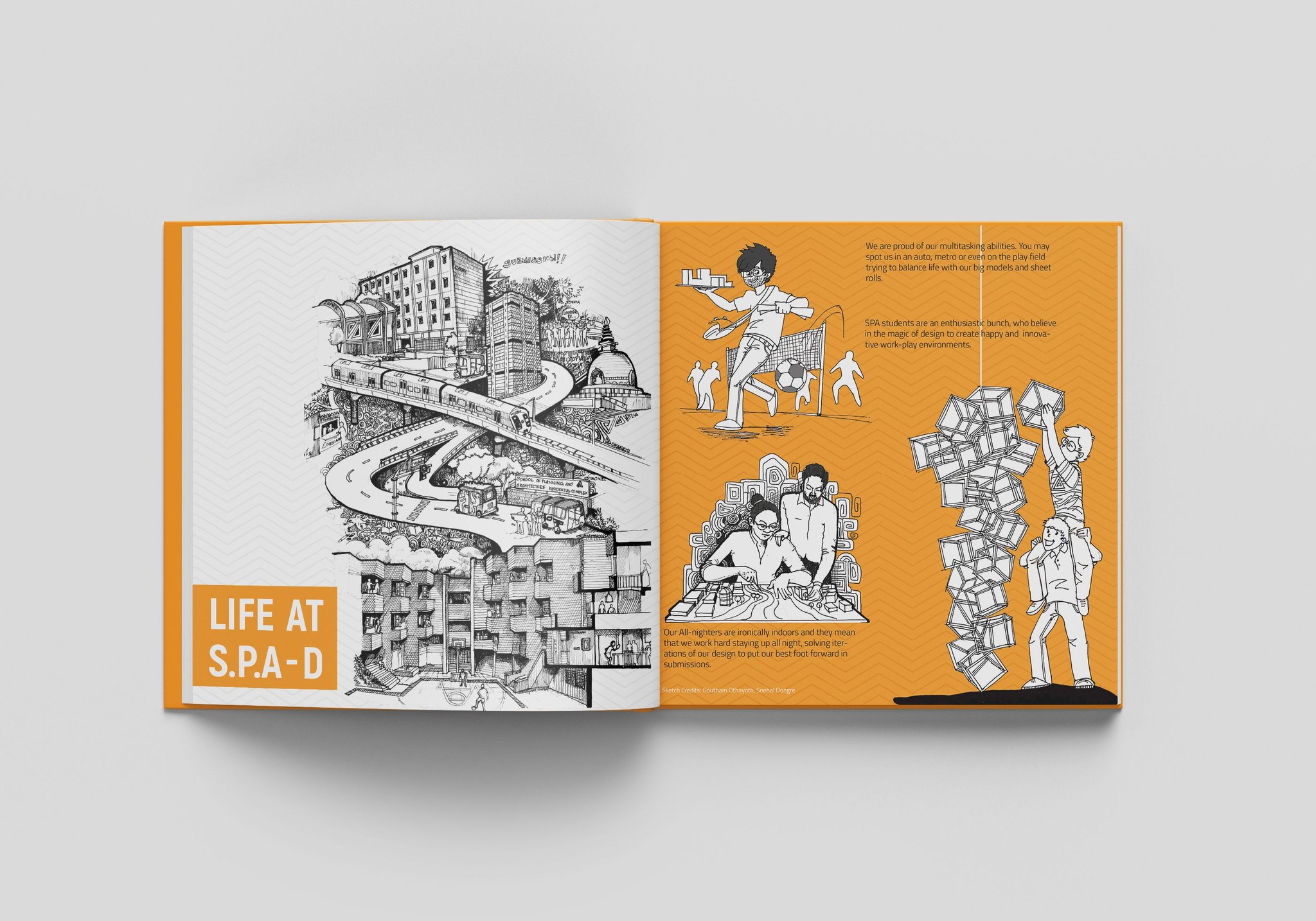 Spread: Life at SPA-D, with line illustrations of the campus and students