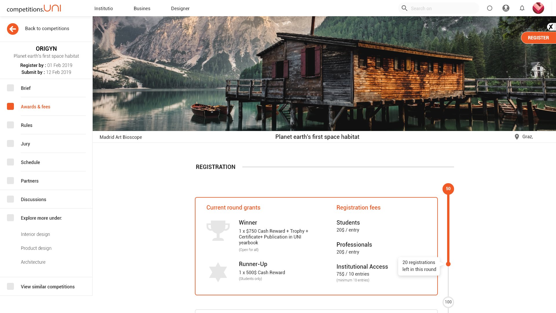 Redesigned competition detail page with a side menu and registration fees panel