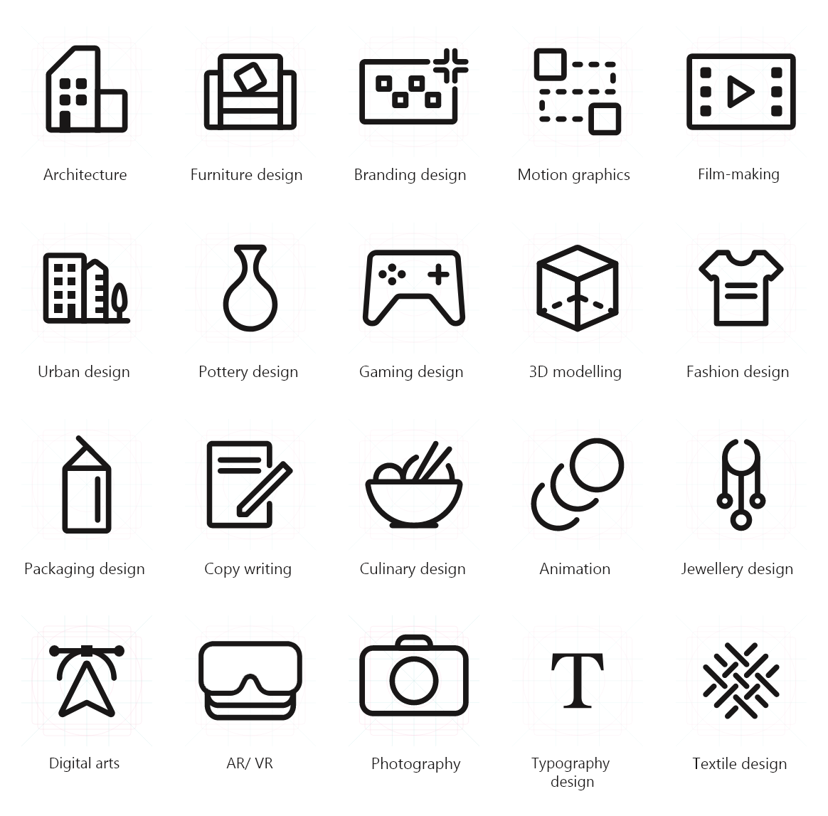 Discipline icons with labels: architecture, urban design, gaming, photography and more