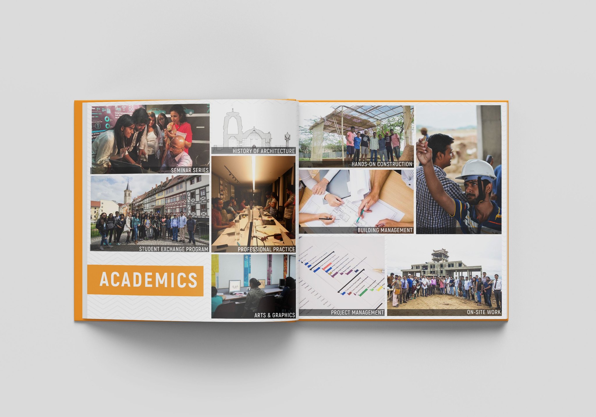 Spread: academics, with photos of studios, site visits and student work