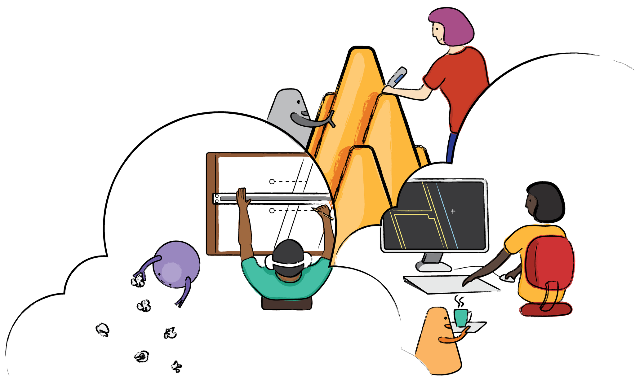Hero illustration for about.uni.xyz: diverse people building, drawing and working together
