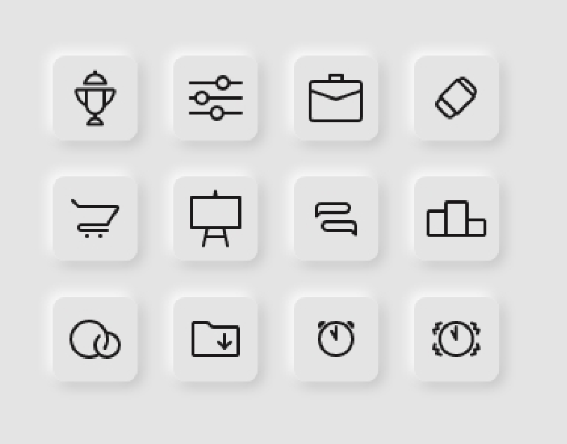 Grid of UNI line icons on soft raised tiles