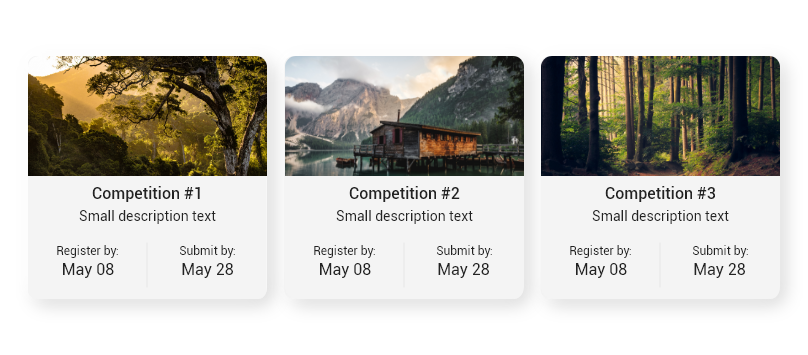 Final competition cards with photo, title, short description and key dates