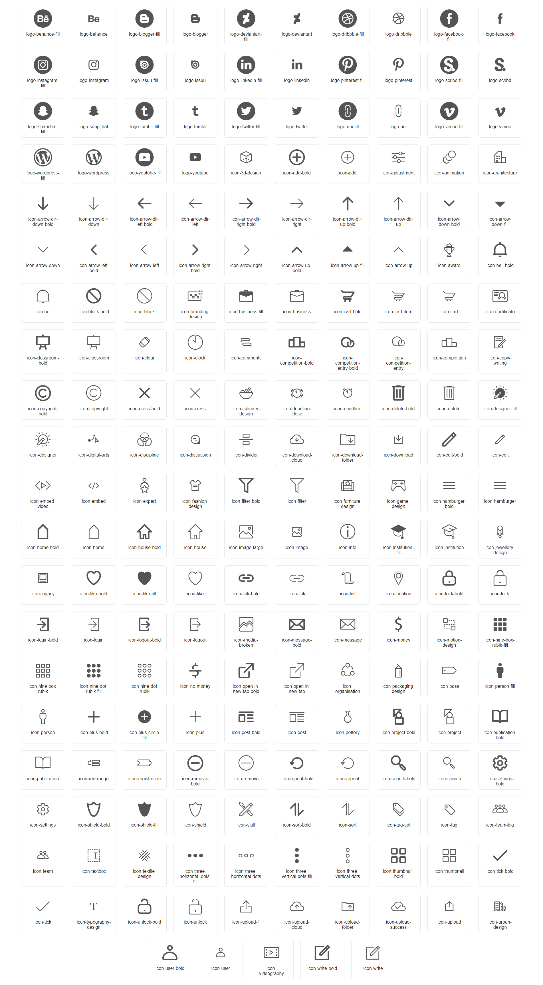 Full catalogue of UNI icons with their names