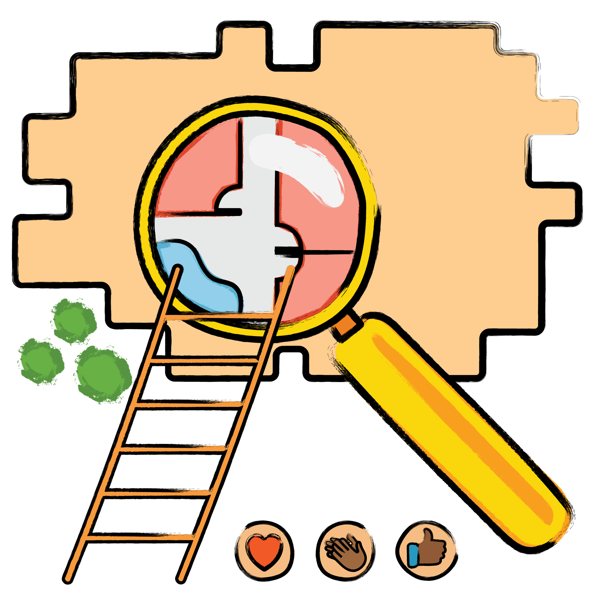 Magnifying glass over a map with a ladder and reaction icons