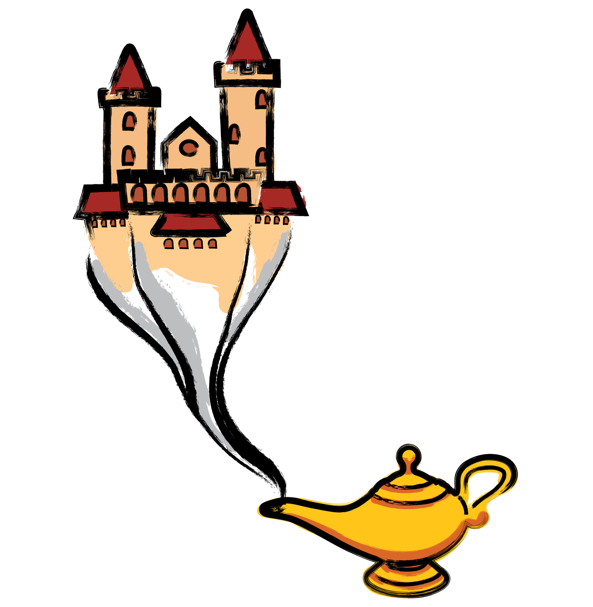 Castle in the clouds rising from a magic lamp