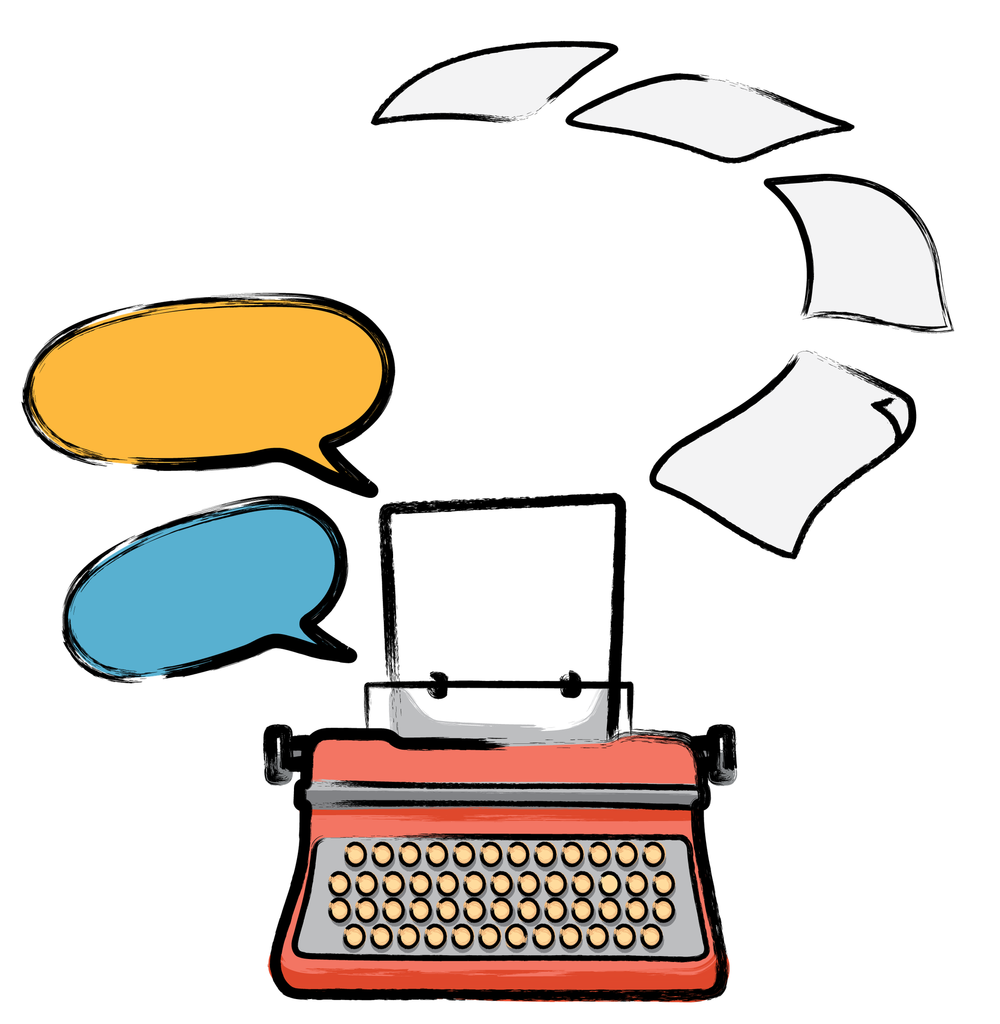 Typewriter with speech bubbles and flying pages