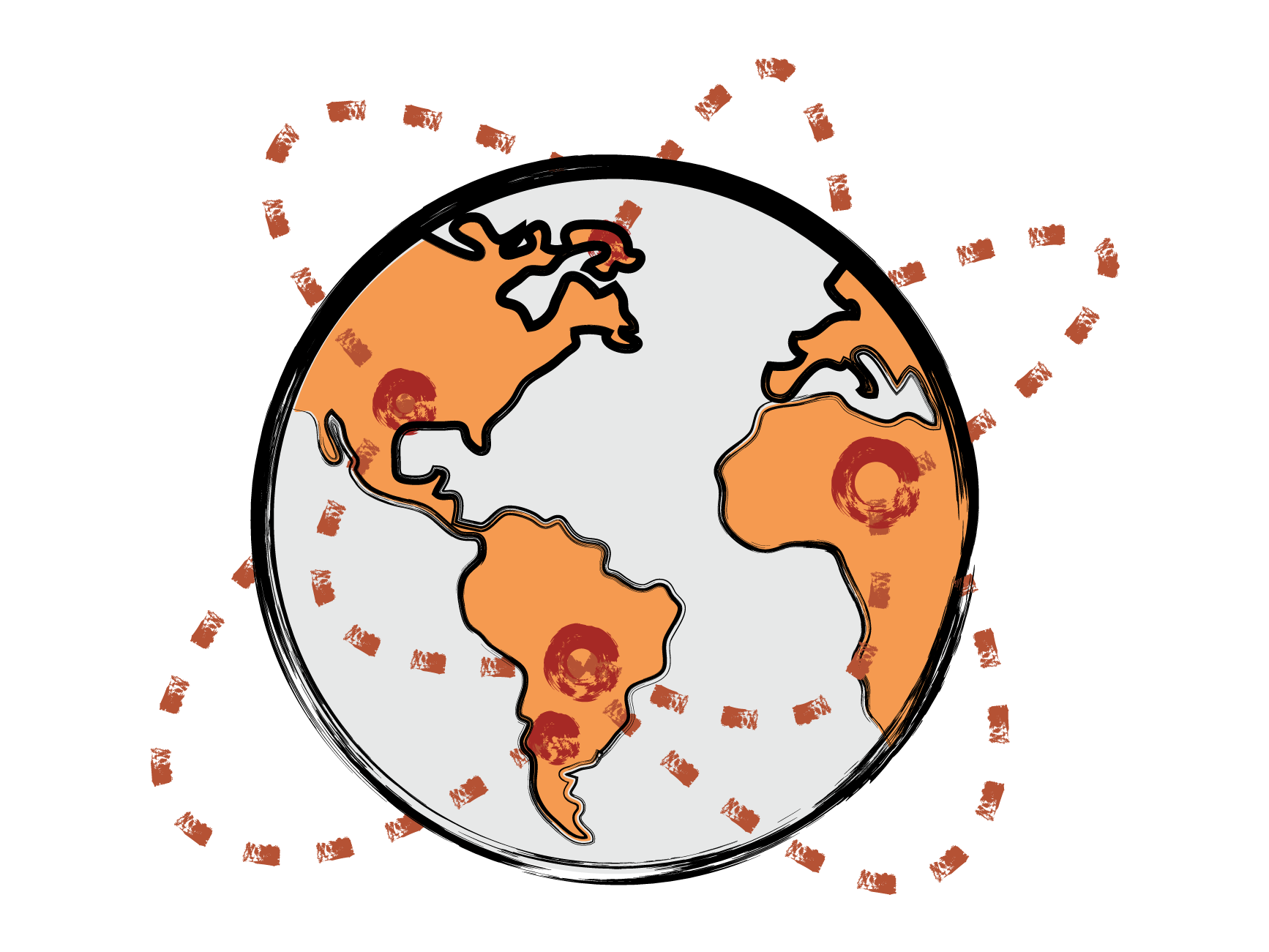 Globe circled by a dotted flight path with location pins