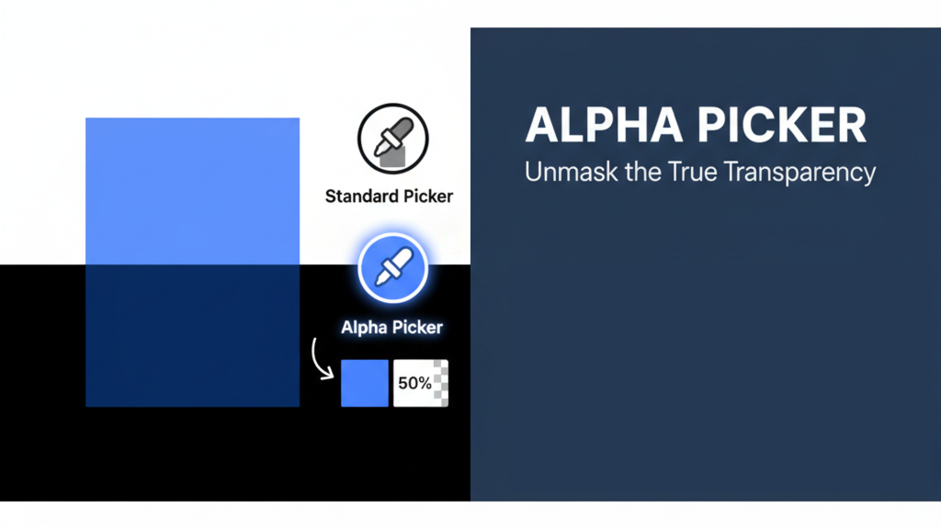 Alpha Picker cover comparing a standard picker's blended colour with Alpha Picker's true colour at 50% opacity