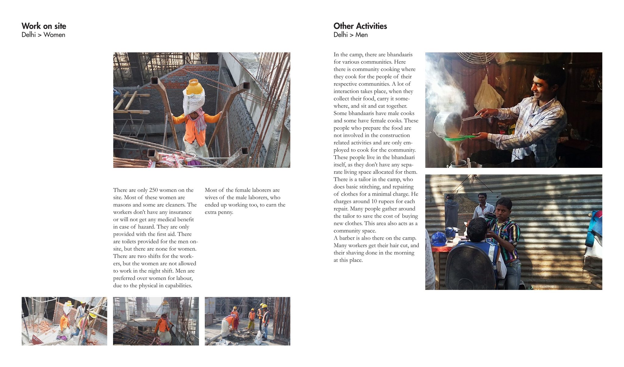 Work on site in Delhi: women at the site, and other activities in the labour camp