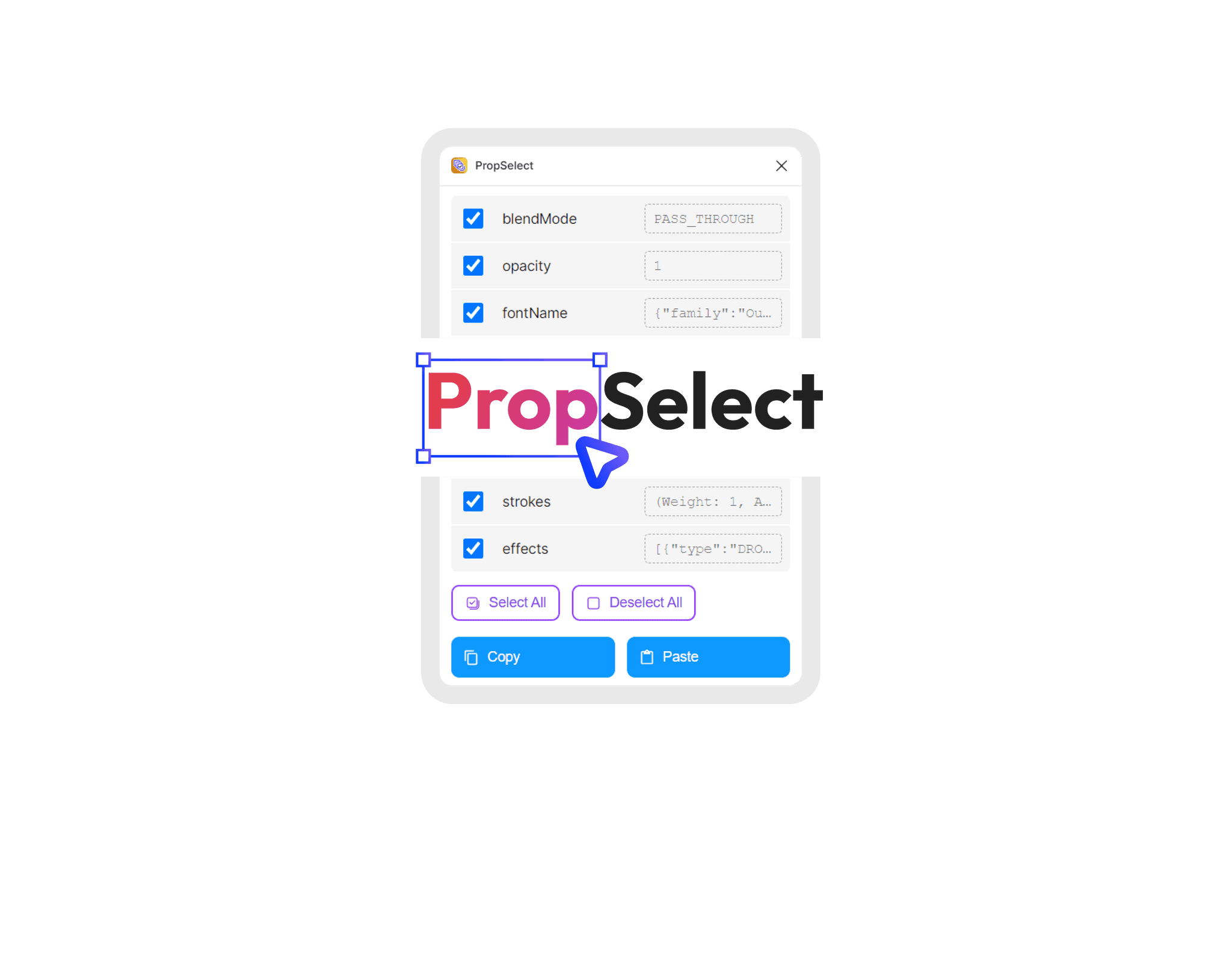 PropSelect plugin window with its wordmark
