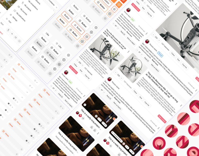 Angled collage of UNI UI library components: buttons, cards and avatars