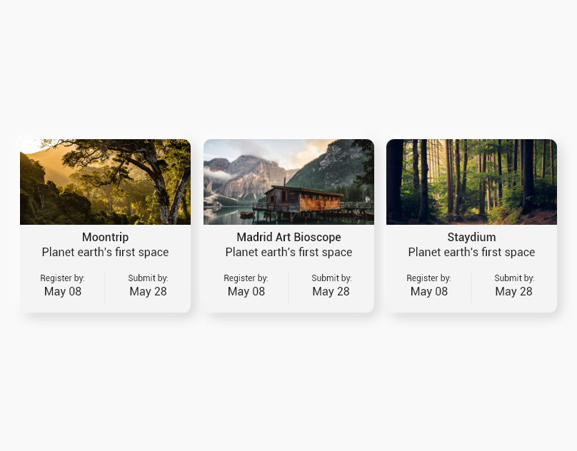 Three competition cards with landscape photos, titles and registration dates