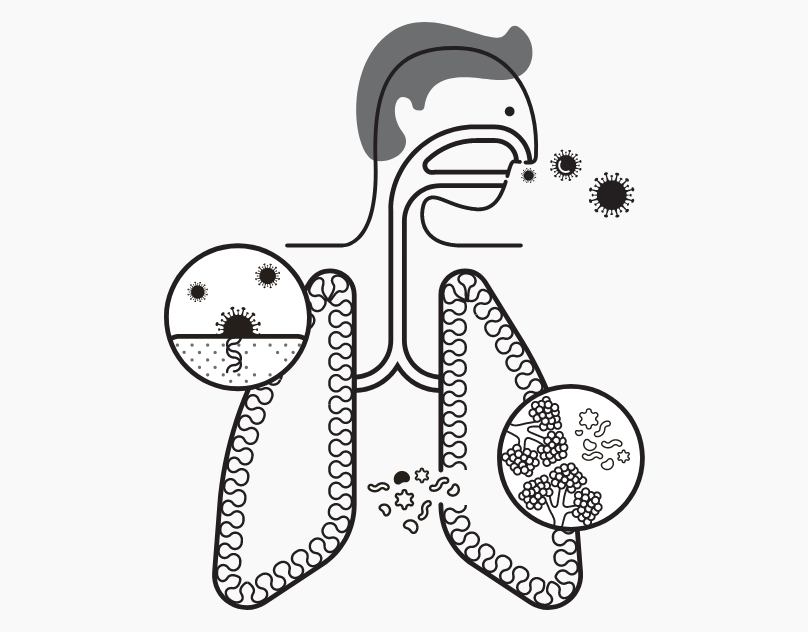 Line infographic of the human respiratory system with virus particles