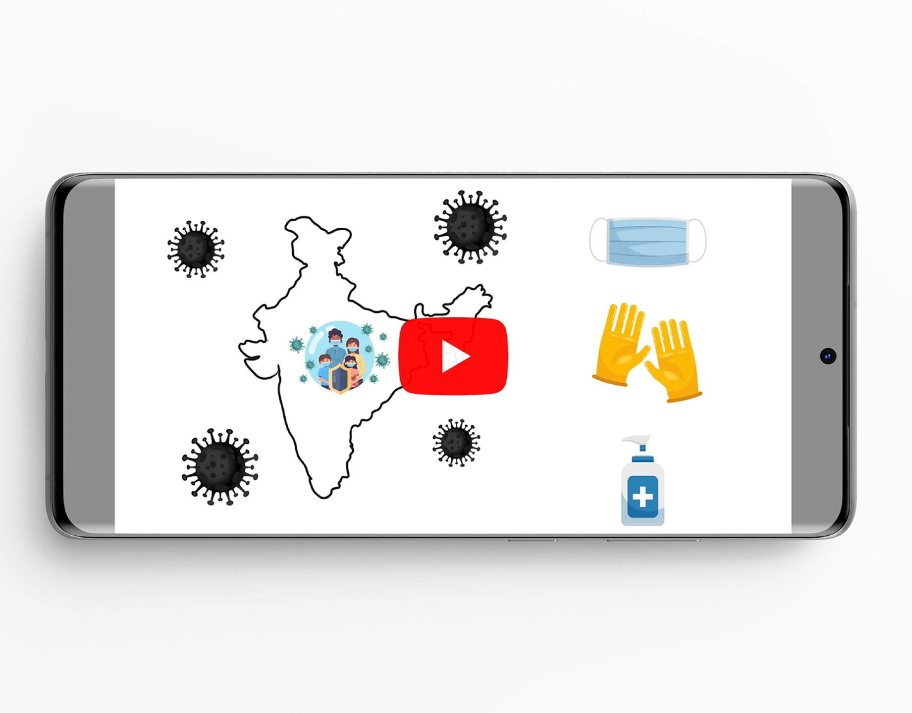 Phone playing a Covid-19 video with a map of India, virus icons, a mask and sanitiser